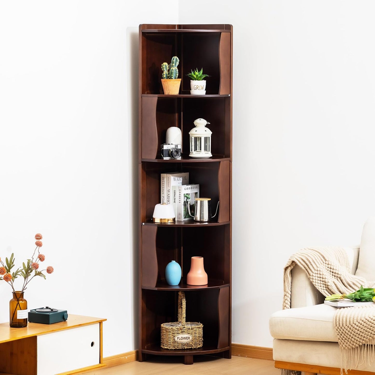 5-Tier Bamboo Corner Shelf Freestanding Fan-Shaped Storage Rack, Space-Saving Corner Cabinet for Living Room or Bedroom, Easy to Assemble, Walnut