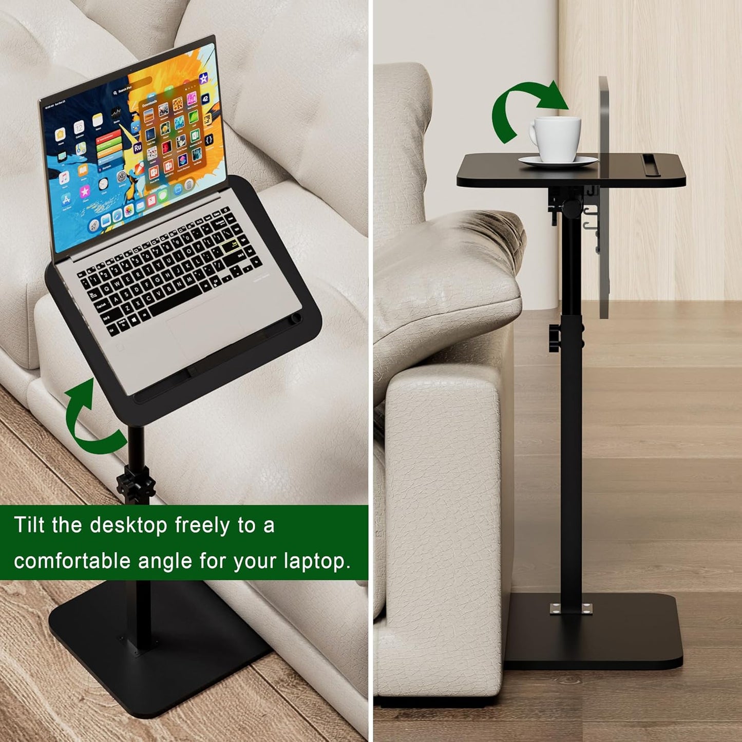 Black Side Tray Table for Couch - 360° Swivel Adjustable Height Rotating Sofa Table C Table End Table Laptop Desk with Phone & Tablet Slot, Perfect for Eating Working Reading, Fits Small Spaces