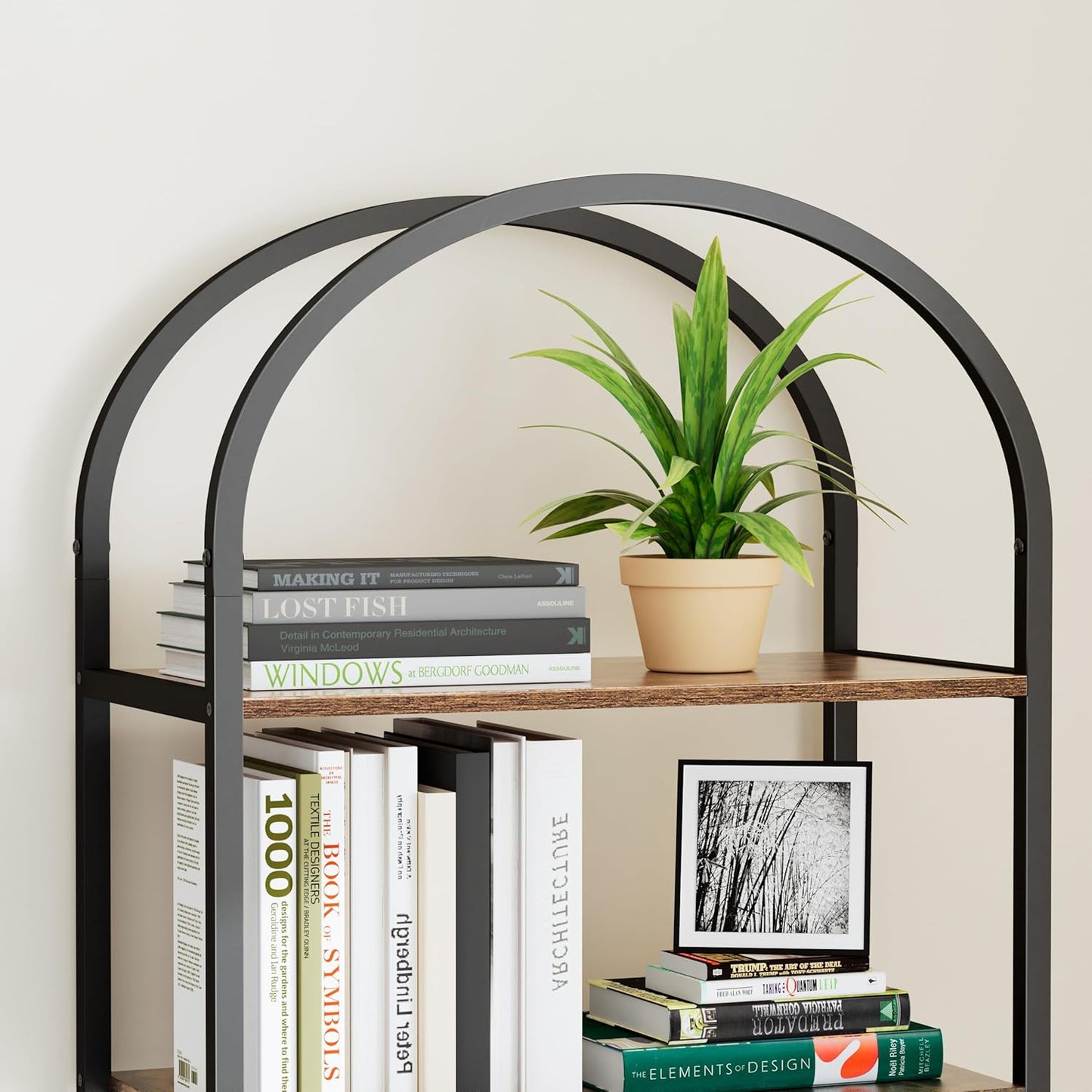 Homhedy 5-Tier Bookshelf Arched Display Racks, Wood and Metal Bookcase, Tall Bookshelf, Industrial Display Standing Shelf Unit, for Home Office, Living Room, Bedroom, Bathroom, Rustic Brown