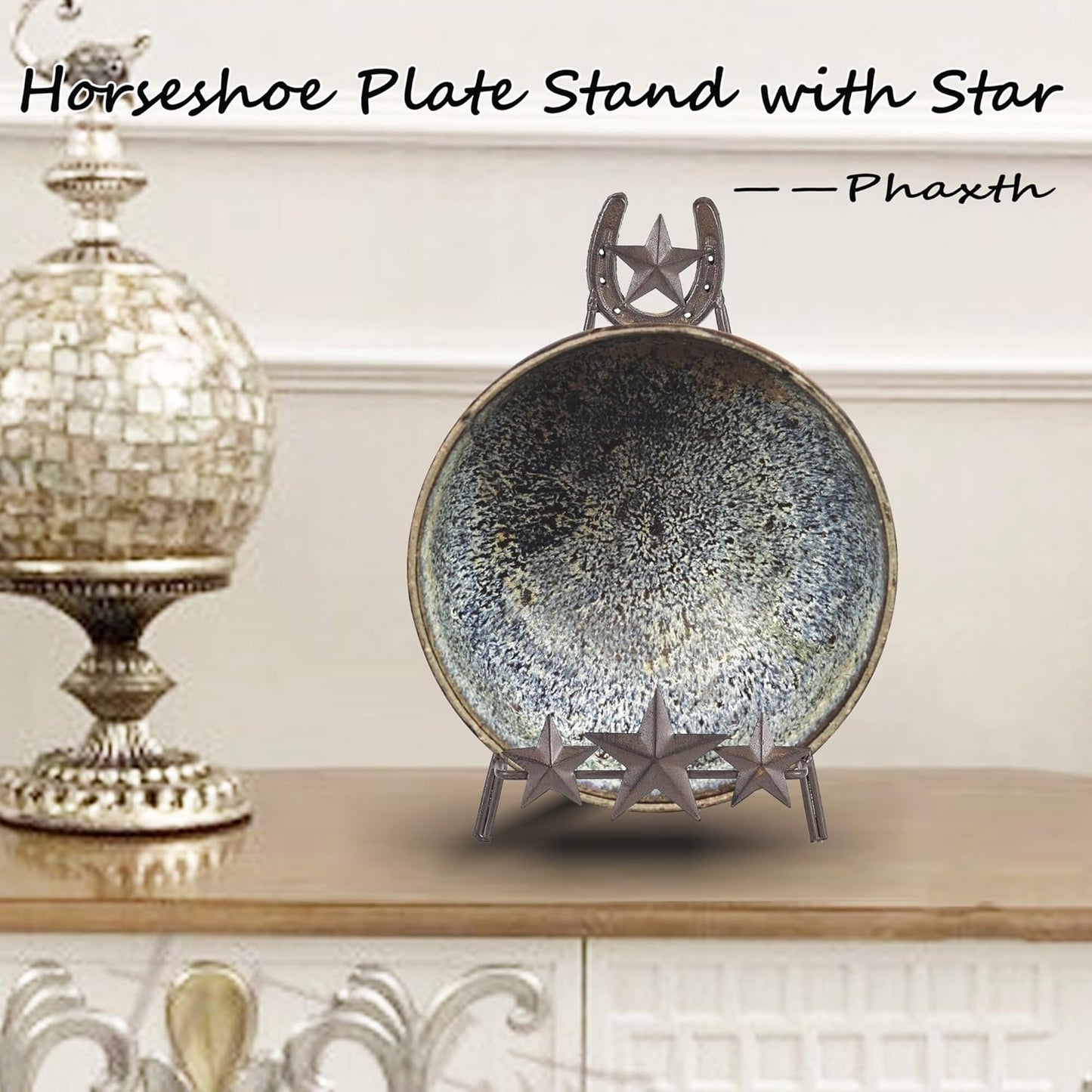 13" H Tall Horseshoe Plate Stand with Star, Metal Plate Holder Display Stand, Western-themed Picture Frame Photo Stand for Home Decor