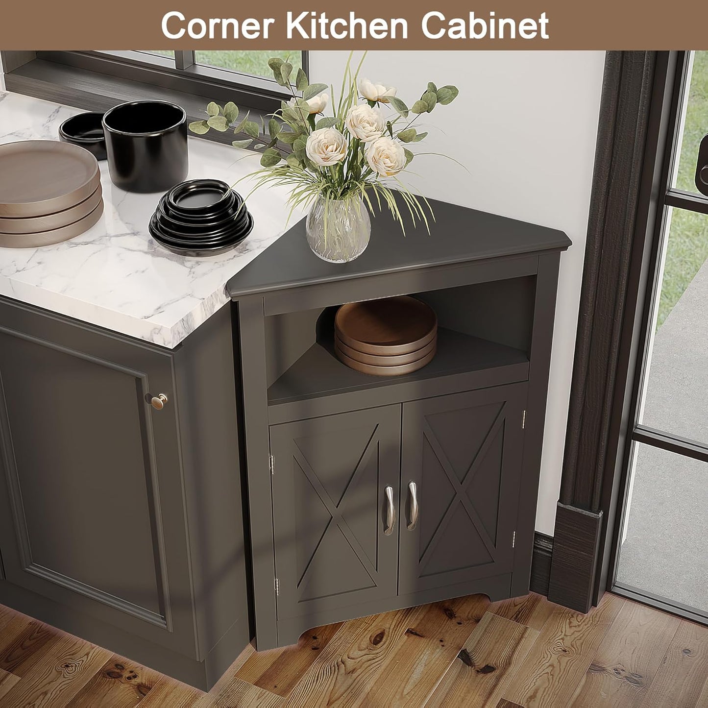 ChooChoo Corner Storage Cabinet, Small Corner Cabinet with Barn Door Design and Adjustable Shelf, Home Space Saver for Living Room, Bathroom, Kitchen, Bedroom, Black