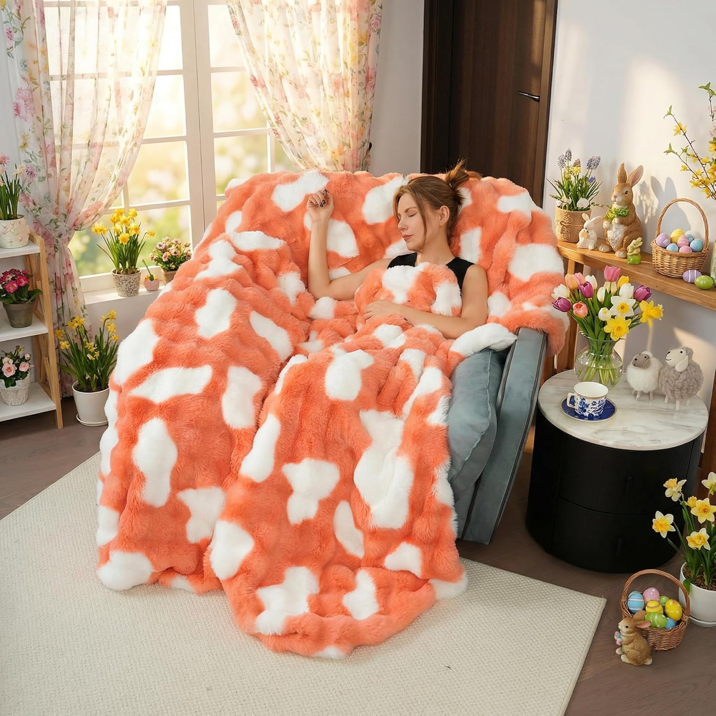 Cozy Bubble Blanket Twin, Gift for Mom Mother's Day, Blush Pink and White Soft Breathable Foldable Travel Blanket for Spring Home Leisure Bed Office Nursery, Machine Washable, 60" x 80"