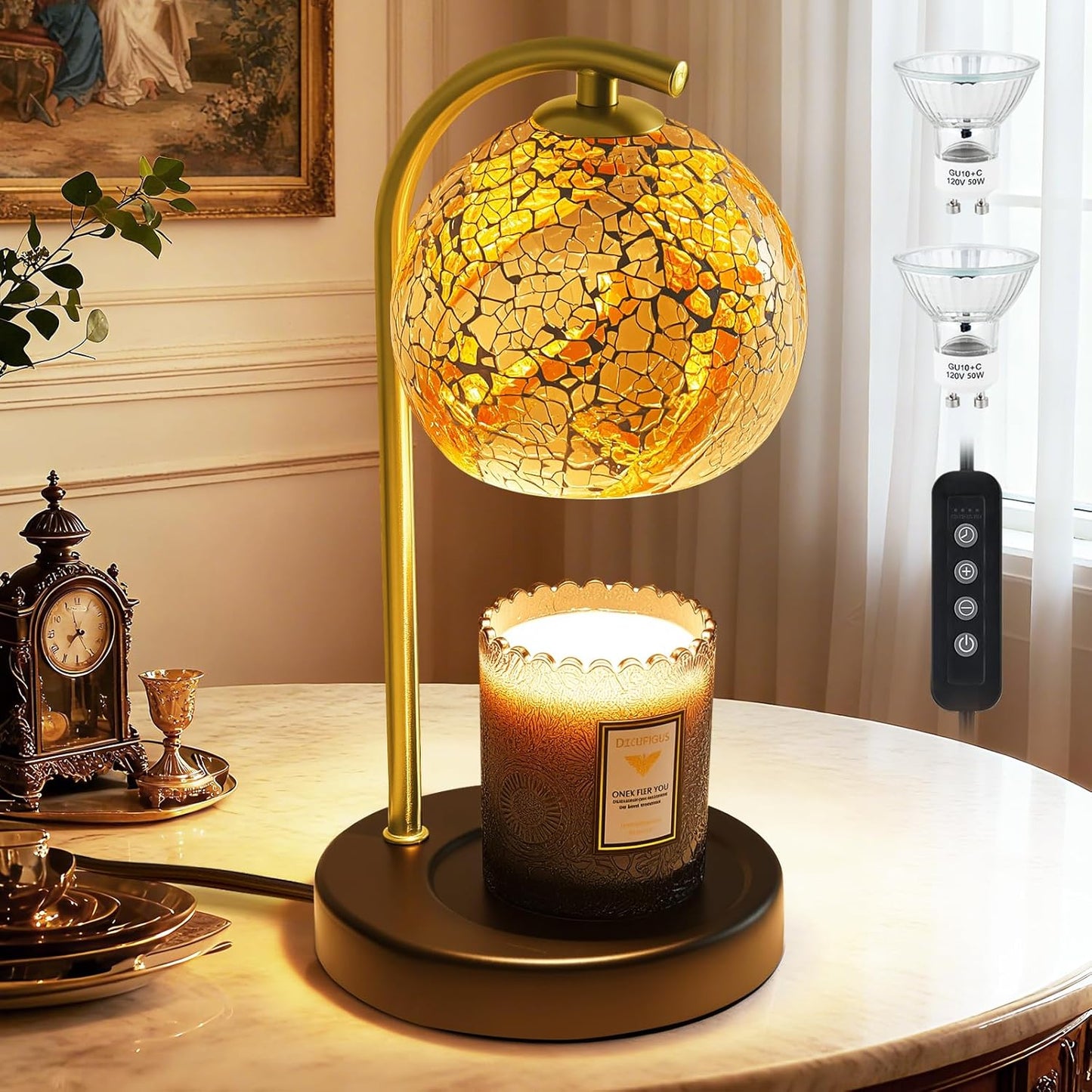 Womens Gifts for Christmas Candle Warmer Lamp, Dimmable Scented Wax Melt Warmer with Timer, Housewarming Gifts for Home Bedroom Decor, Xmas Birthday Gifts for Mom, 2 Bulbs, White+Gold