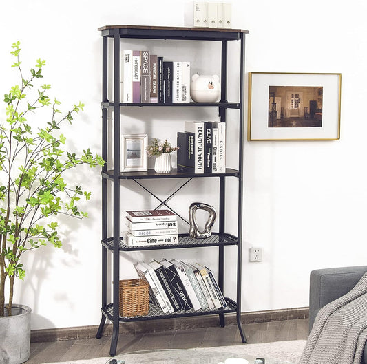 Tangkula 5 Tier Bookshelf, Freestanding Storage Shelving Unit with Steel Frame and Out-Stretched Legs, Industrial Open Display Shelf Plant Stand Organizer for Living Room Home Office