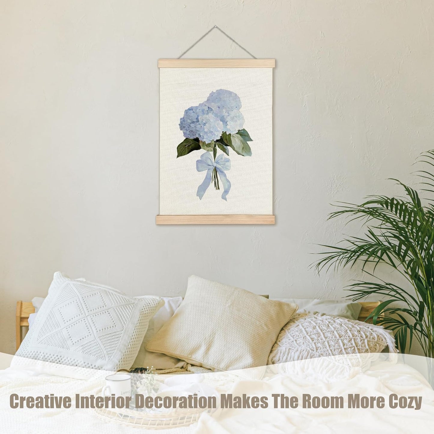 WUCHJ Coquette Hydrangea Floral Wall Art Poster, Rustic Flower Wall Decor, Aesthetic Bow Blue Hydrangea Flower Canvas Prints Artwork for Home Bedroom Living Room Decor, 12x16 Inch