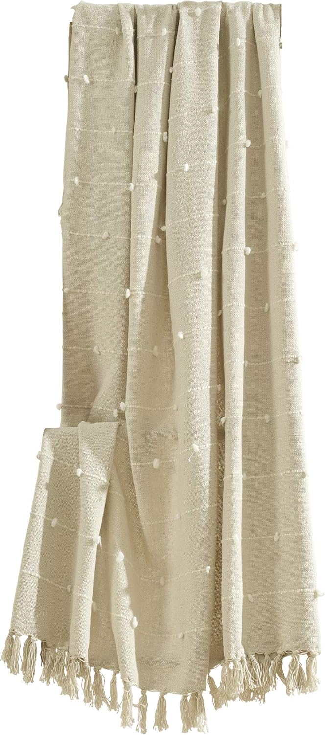 Lush Decor Boho Tufted Cotton Woven Tassel Fringe Throw Blanket Single 50" W x 60" L Neutral - Beige Throw Blankets for Bed - Couch Boho Blankets