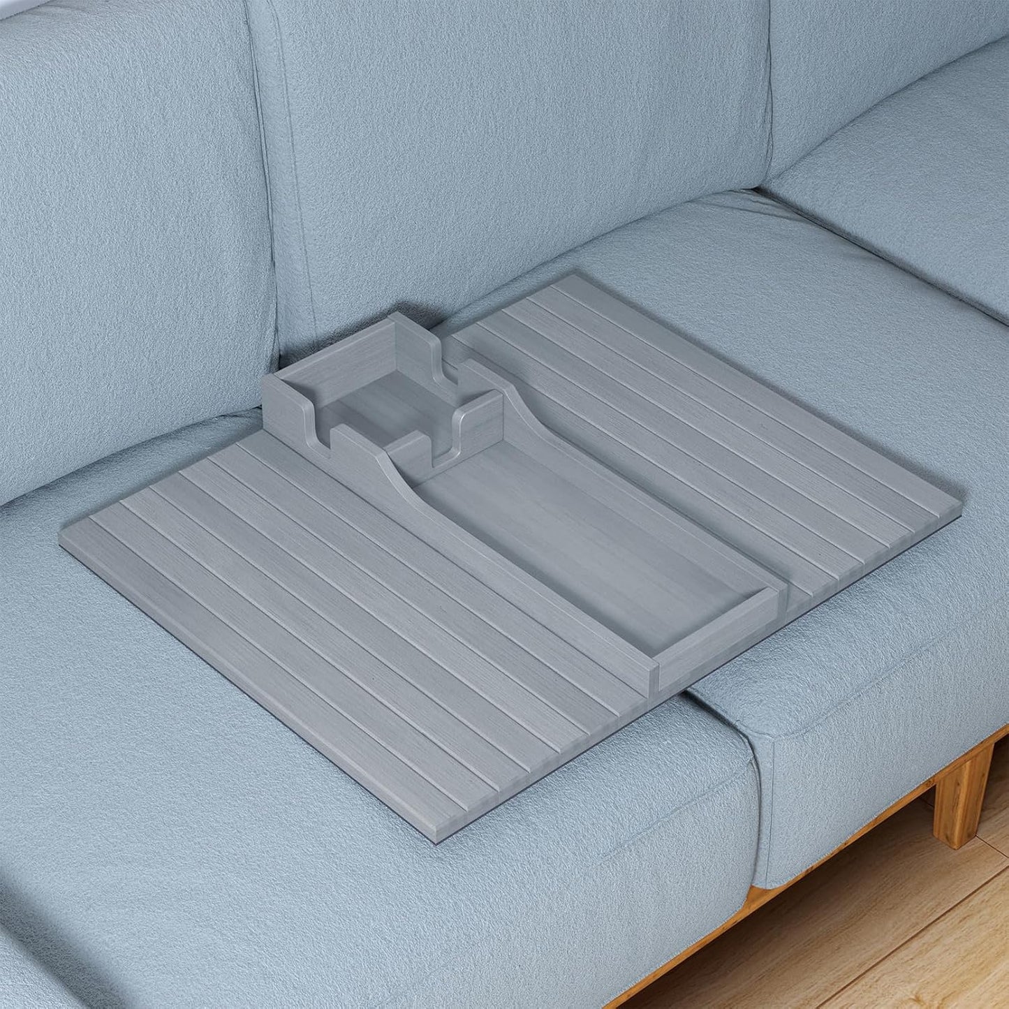 SpaceAid Bamboo Couch Cup Holder, Anti Falling Foldable Sofa Armrest Tray with Cup Holder, Couch Arm Side Table Organizer for Drink Cup Remote Snacks (Gray)