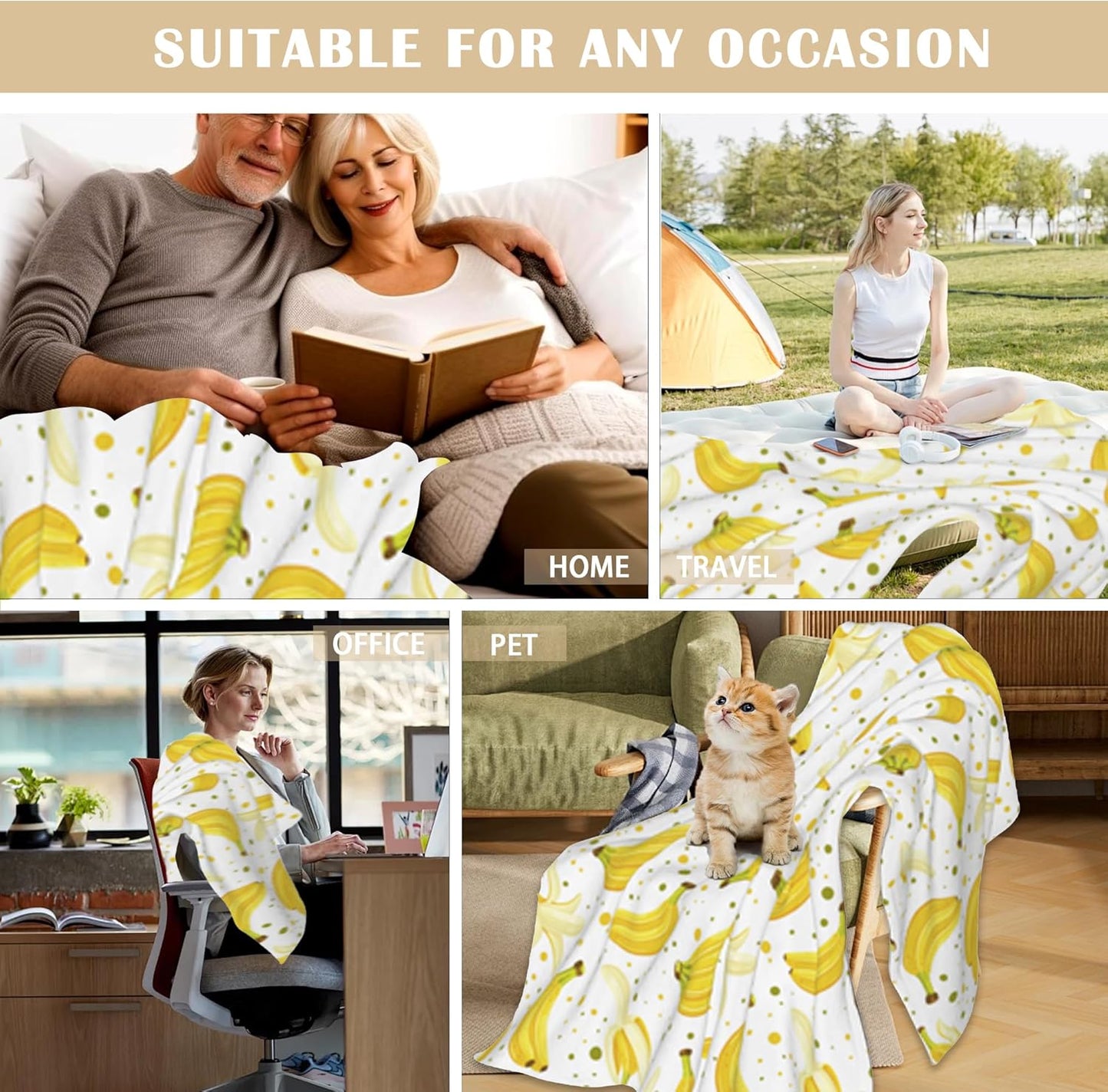 Cute Banana Throw Blanket Soft Warm Cozy Lightweight Flannel Blanket for Bedding Sofa Travel 50"X60"