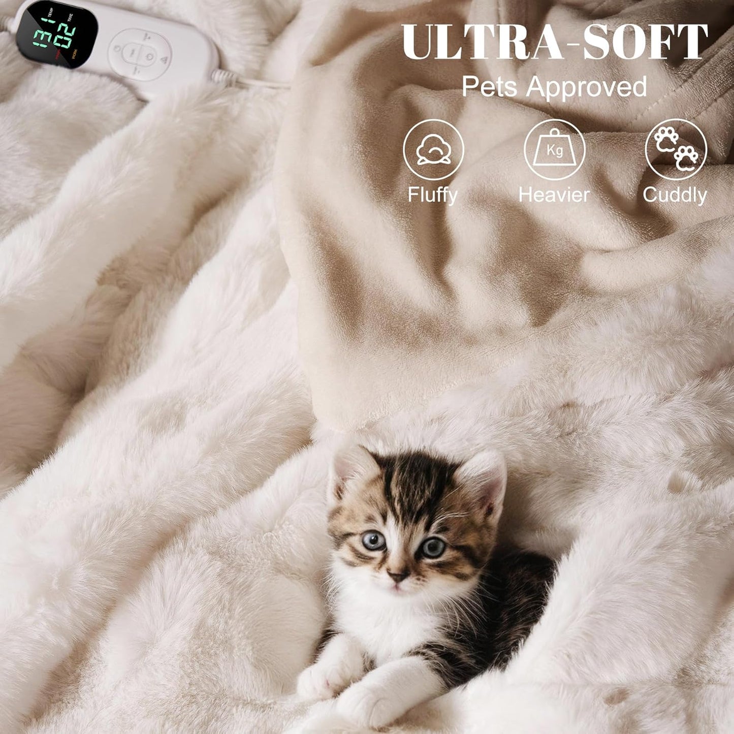 IUUI Electric Heated Blanket Throw 50''x60'',Luxury Faux Rabbit Fur Heating Throw Blankets,Fast Heating with 1/2/4/6/8/10 Hours,Overheat Protection, Quick Heating, Memory Function, Gift-Ready Design