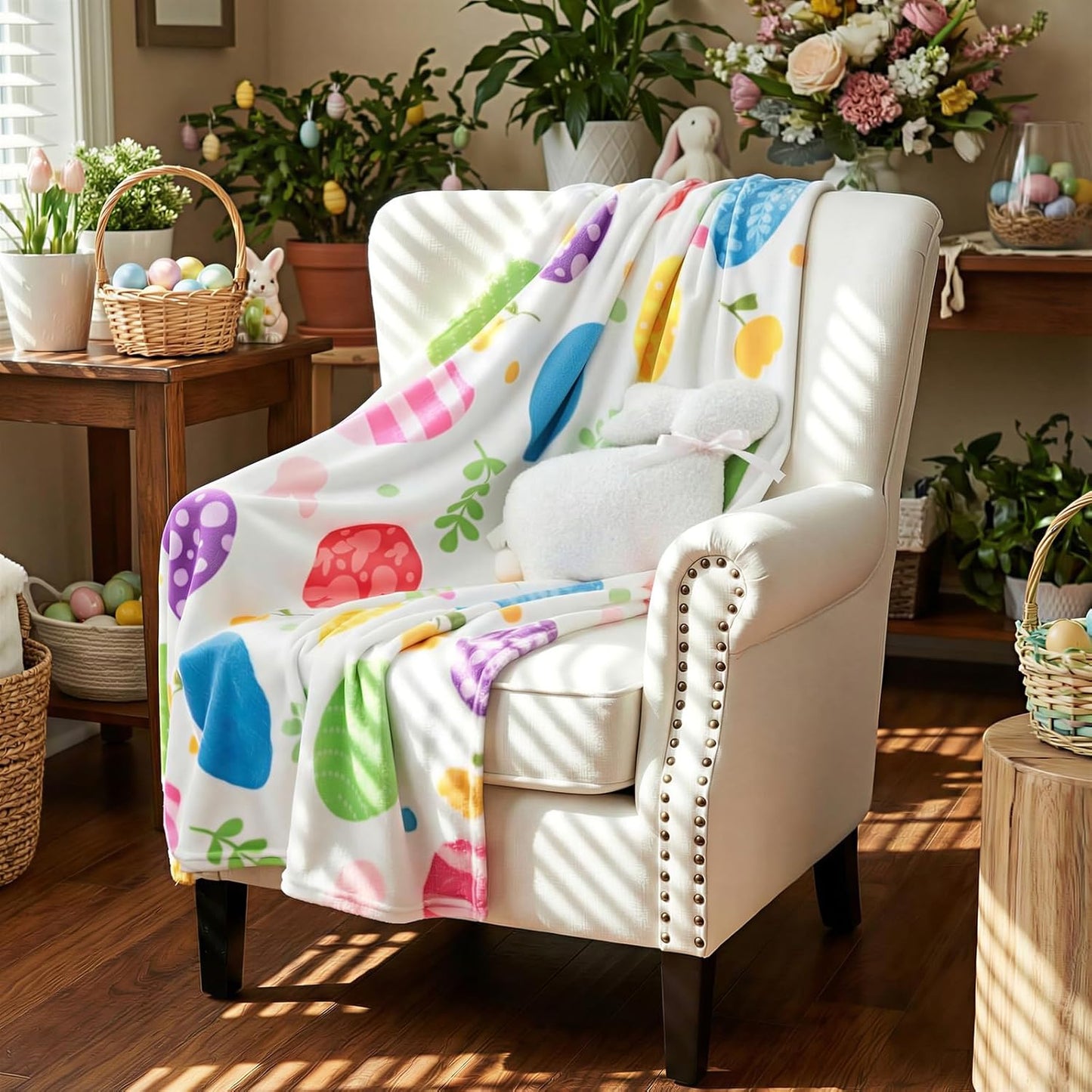 2 Pcs Easter Plush Throw Blanket and Pillow Set, 40 x 50 Inch Soft Easter Eggs Flannel Blanket Fluffy Bunny Stuffed Pillow Cushion Gifts for Boys Girls Teens Bedroom Decor