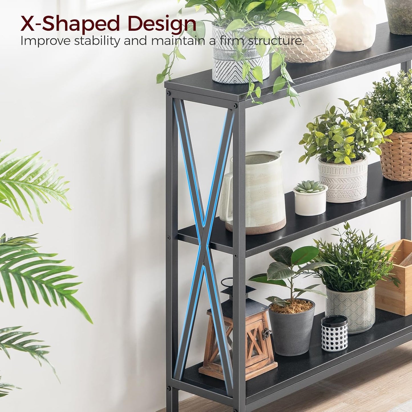 Sofa Table, Industrial Console Table, 3-Tier Narrow Side Table with Open Shelves, Foyer Table for Entryway, Hallway, Kitchen, Living Room and Bedroom, Easy Assembly, Black CTHB8001