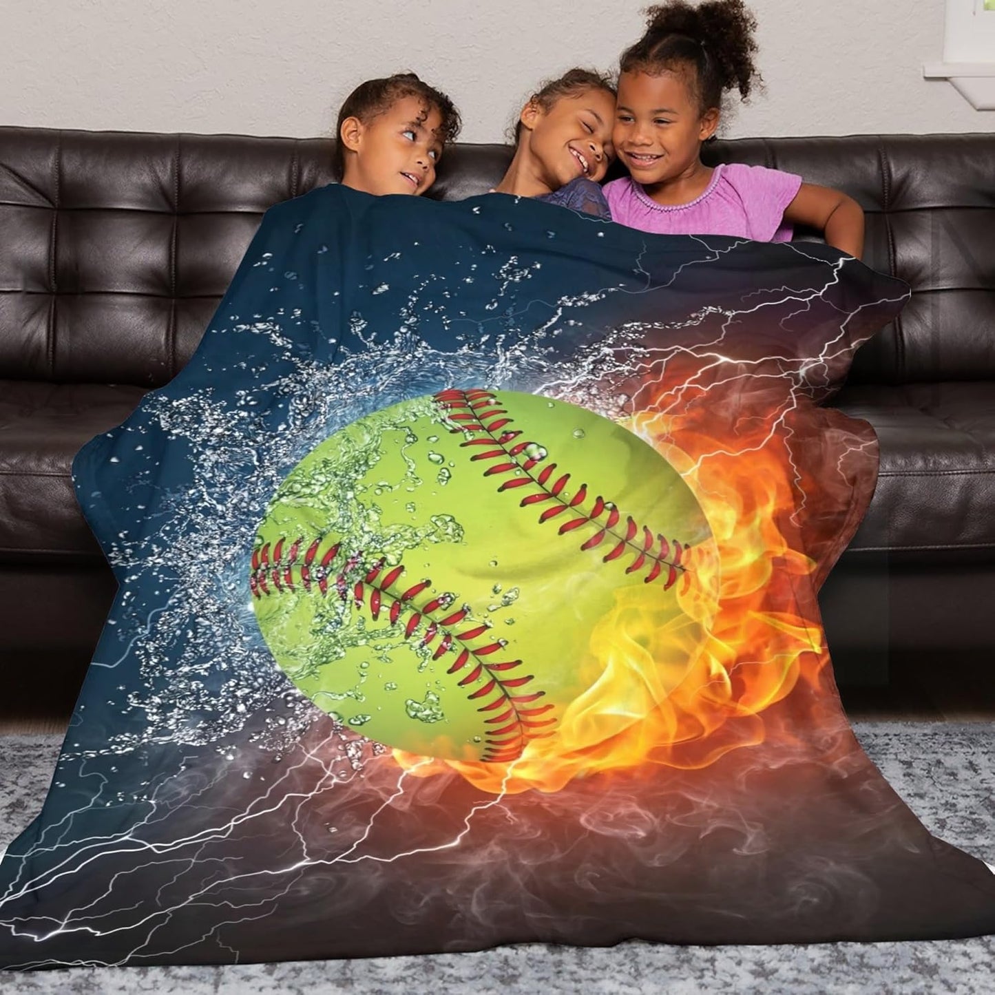 Baseball Softball Cool Ball Throw Blanket Super Soft Warm Boy Bedding Bed Blankets for Couch Bedroom Sofa Office Car, All Season Cozy Flannel Plush Blanket for Girls Boys Adults, 60"X50"