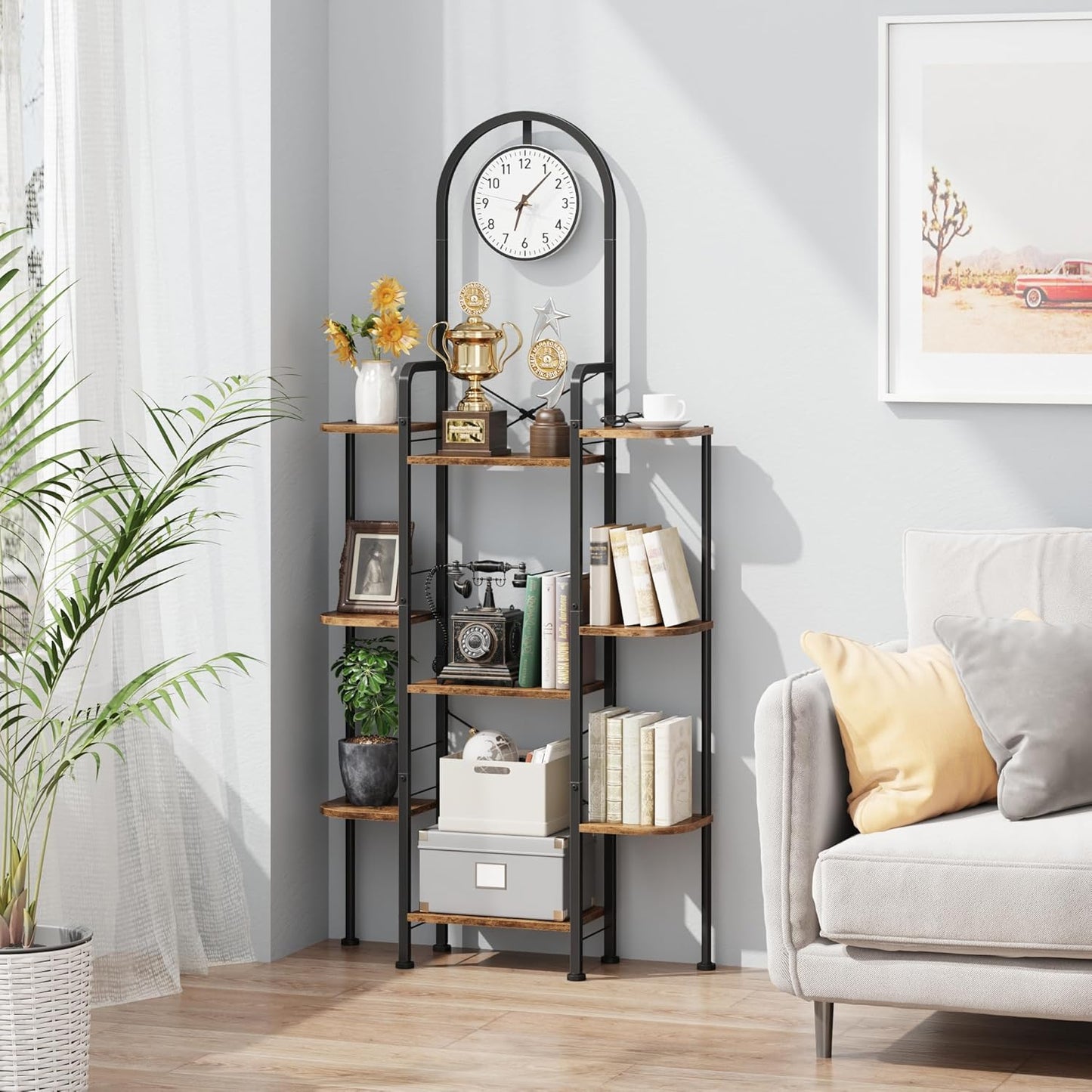Bookshelf with Wall Clock, Triple Bookcase with Open Display Shelves, Industrial Style Book Shelves, Modern Display Shelf for Living Room, Bedroom, Home Office, Rustic Brown, 29.8" W