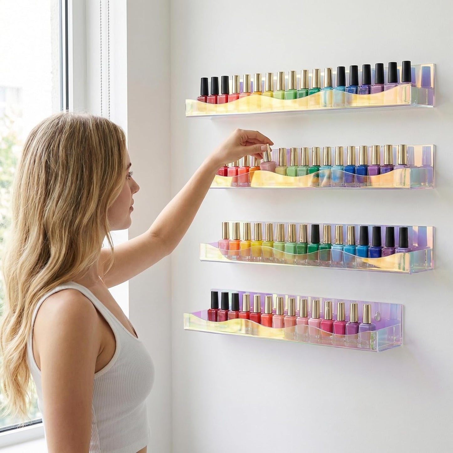 Hiceeden 4 Pack 15" Iridescent Acrylic Floating Shelves, Wall Mounted Floating Bookshelf Organizer for Room, Clear Nail Polish Sunglasses Display Shelf for Picture Ledge, Book, Funko Pop