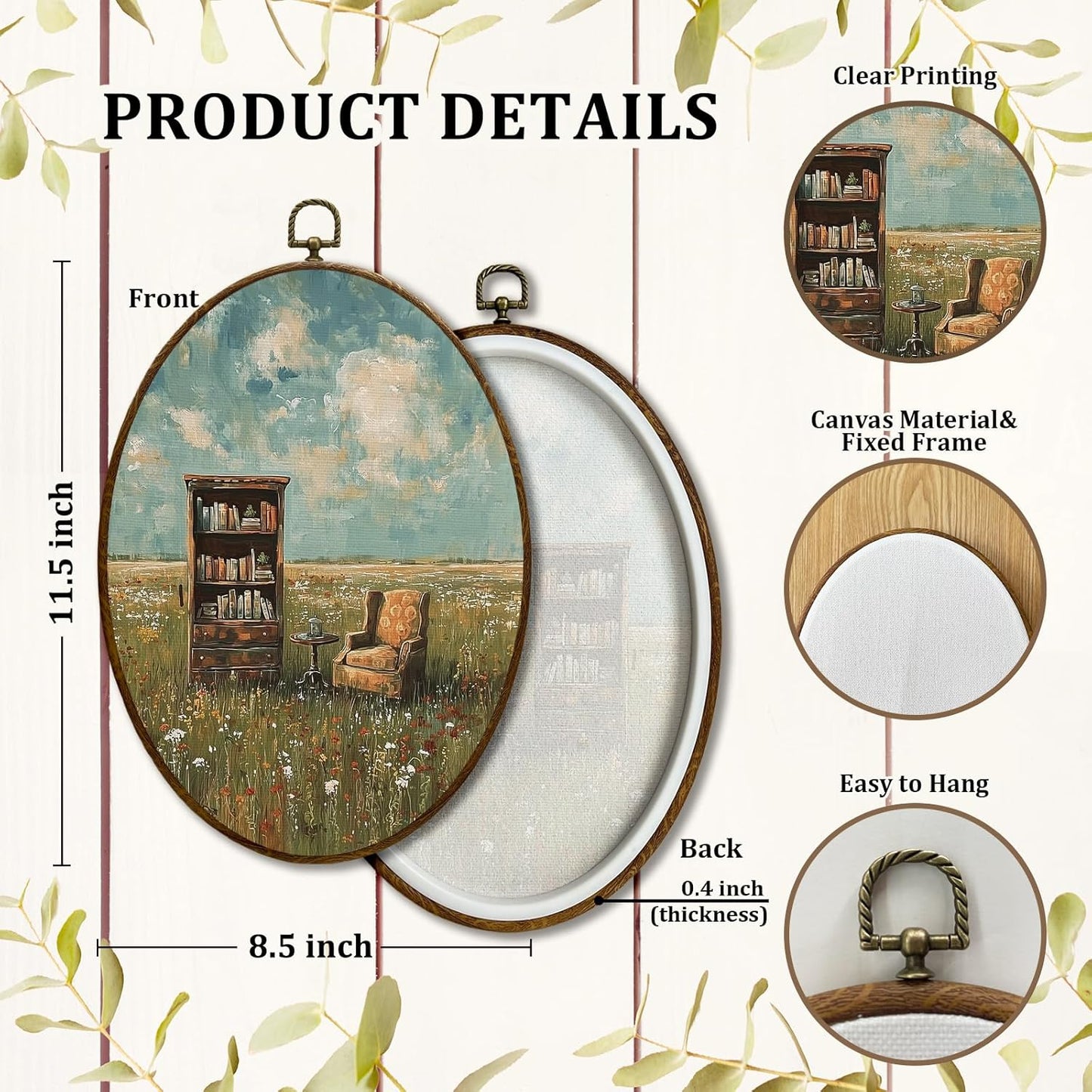 JQF Vintage Whimsical Book Lover Oval Wall Art, Book Reading Oval Canvas Wall Art, Retro Bookish Aesthetic Library Framed Prints Hanging Decor for Reading Room Bedroom Home, 8.5x11.5 Inch