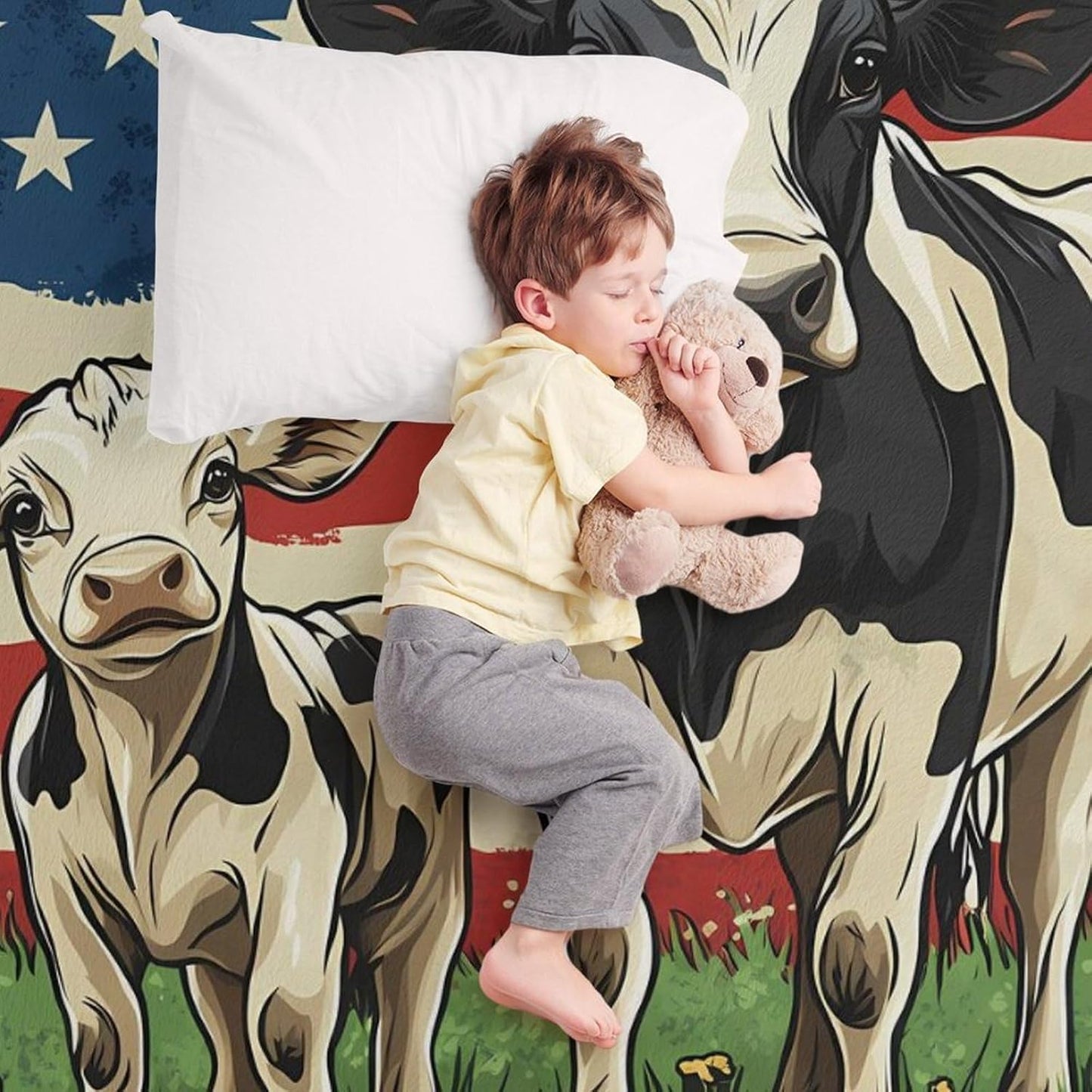 U.S Flag Cow Animal Throw Blanket for Couch Bed Plush Cozy Fuzzy Flannel Blanket for All Season 40"x60"
