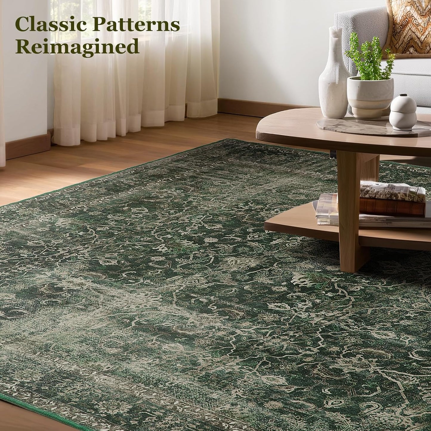 Area Rugs 6x9 Dark Green, Vintage Distressed Earth Tone Living Room Rug Washable Low Pile, Dark Moody Carpet Rug for Bedroom Dining Room Non Slip, Home Office Reading Nook