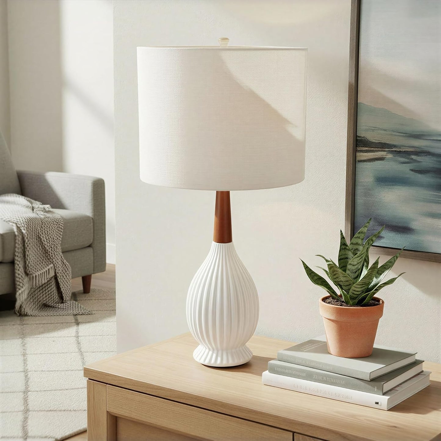 Creative Co-Op Stoneware Table Lamp with Rubberwood Neck Shade