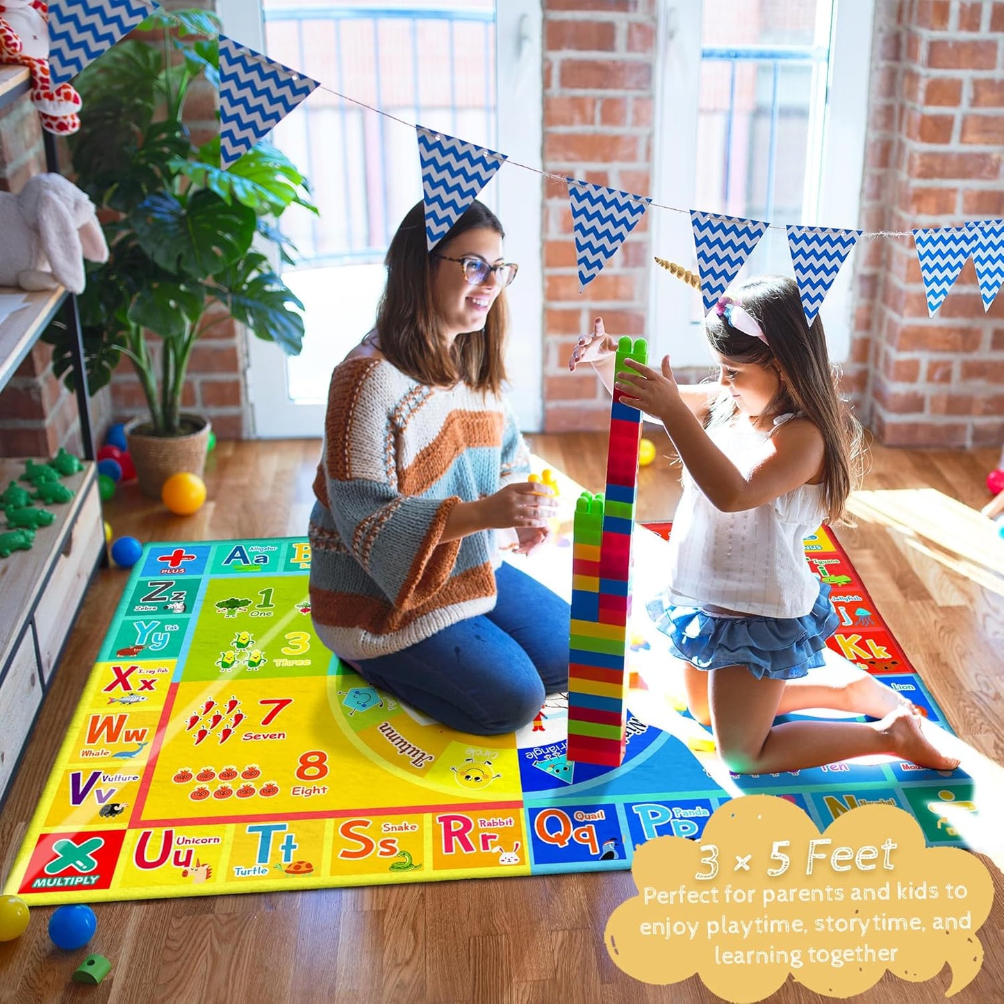 3x5 Small Kids Classroom & Playroom Rug - ABC Alphabet Educational Area Rug with Animals Numbers & Colors - Washable Non-Slip Carpet Playmat for Nursery Preschool & Reading Area