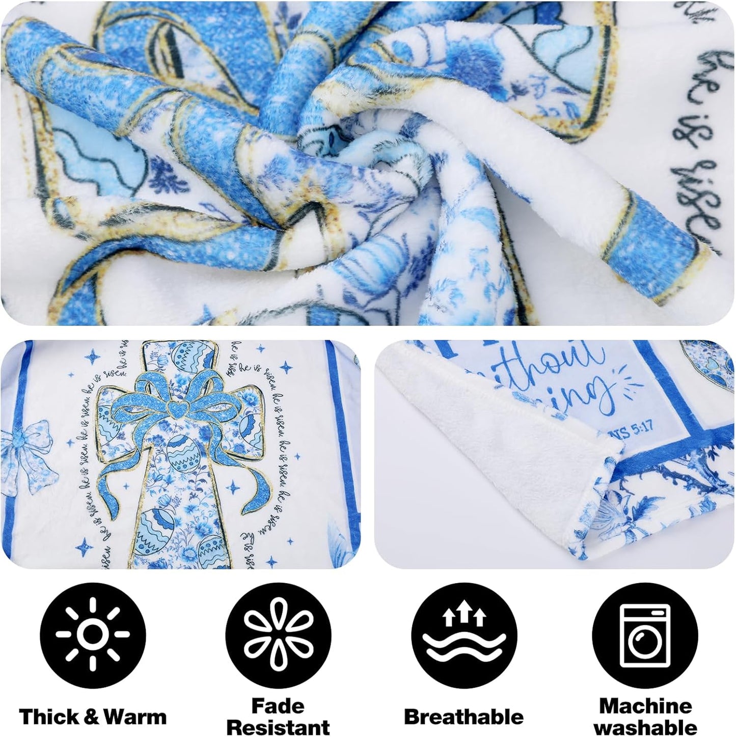Christian Easter Throw Blanket, Chinoiserie Bunny Eggs Soft Fuzzy Flannel Plush Blanket, Blue Flower Rabbit Throws Blankets for Home Bed Sofa Couch Easter Holiday Birthday Gift 50'' x 60''