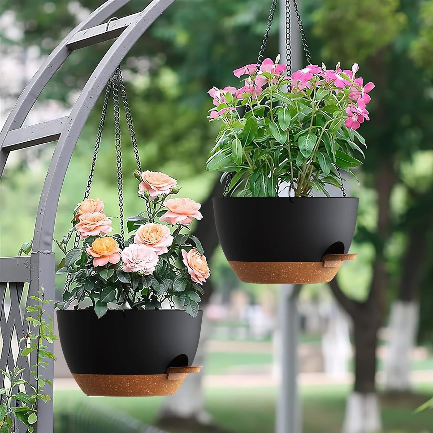 Set of 3-10 Inch Self Watering Hanging Planters for Indoor Outdoor,Hanging Plant Pots with Drainage & Removable Tray, Hanging Pots Holder for Ivy, Pothos, Ferns, Balcony & Patio, Black with Brown