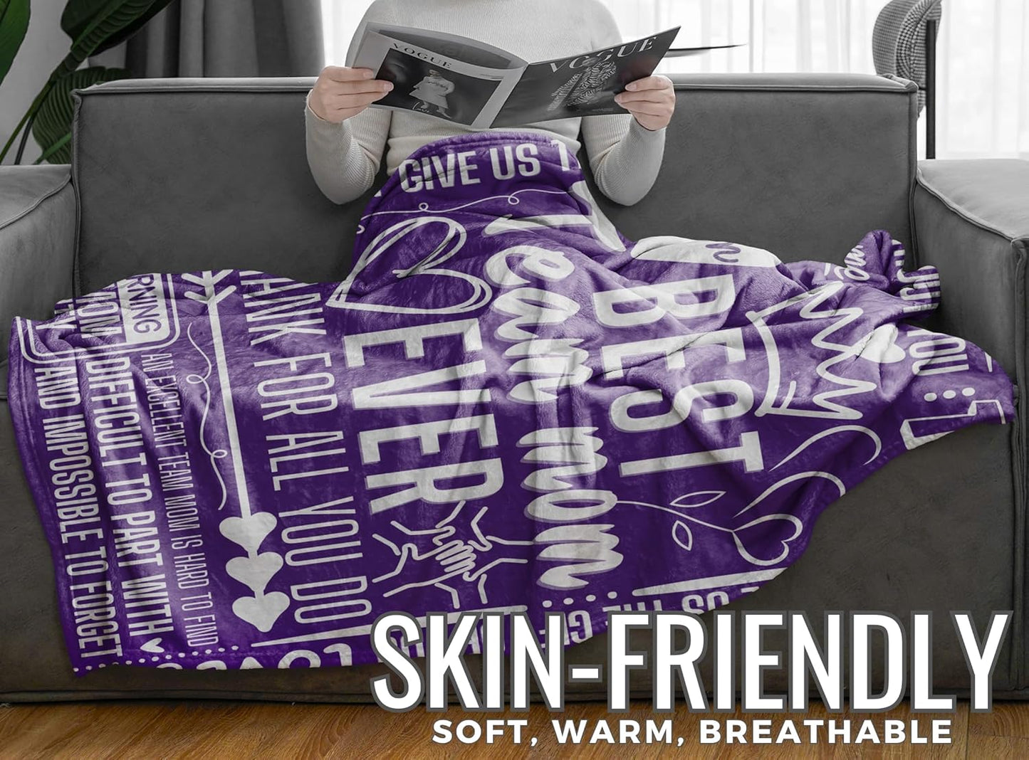 Team Mom Gifts for Women, Flannel Blanket Throw, 65 x 50 inches, Baseball and Soccer Mom Gifts, Purple