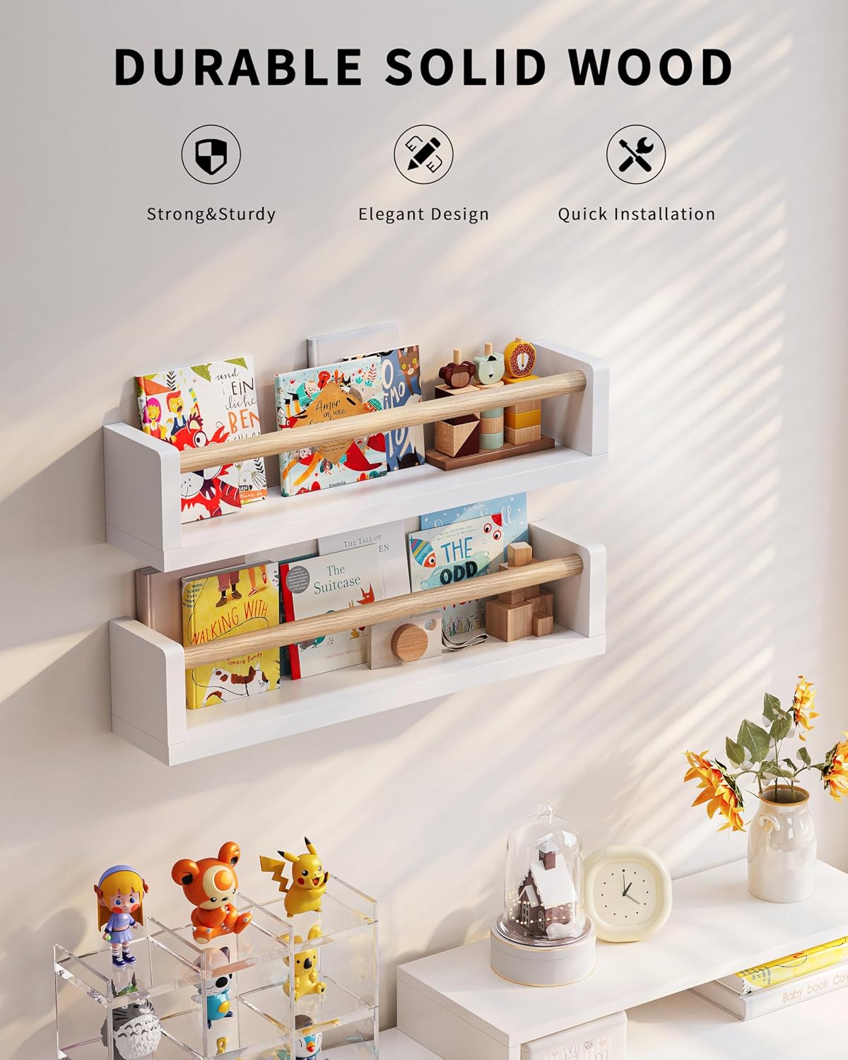 Nursery Book Shelves, 4 Pack, Wall Book Shelves for Kids Room, Baby, Toddler, Nursery Decor (White Wood, 16.5 Inches)