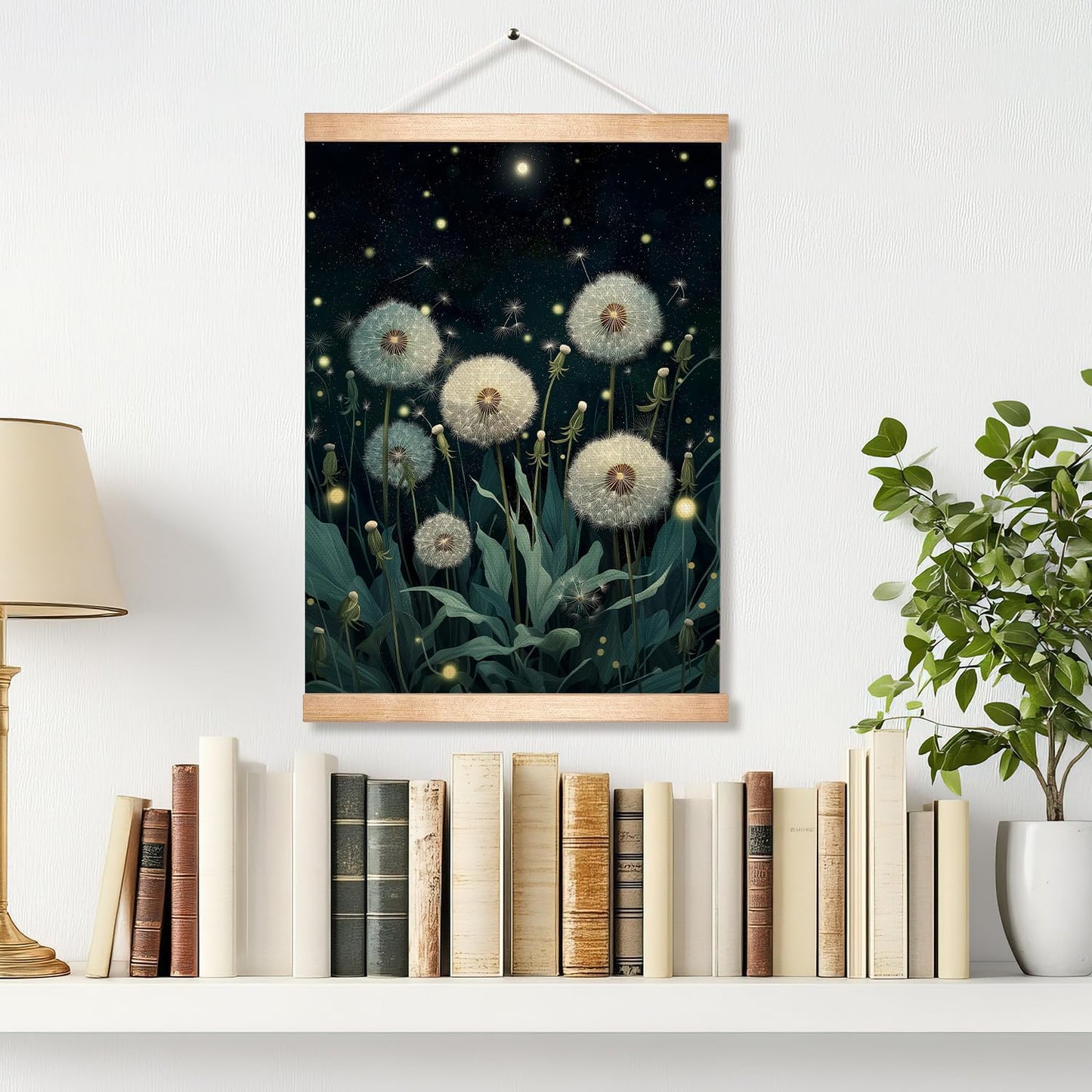 HEYJEEPER Dreamy Dandelion Wall Art, Night Botanical Firefly Linen Poster, Whimsical Nature Aesthetic Artwork Wall Hanging Decor for Living Room or Meditation Space,Calm Home Decor Gift 14x18inch (Dandelion)