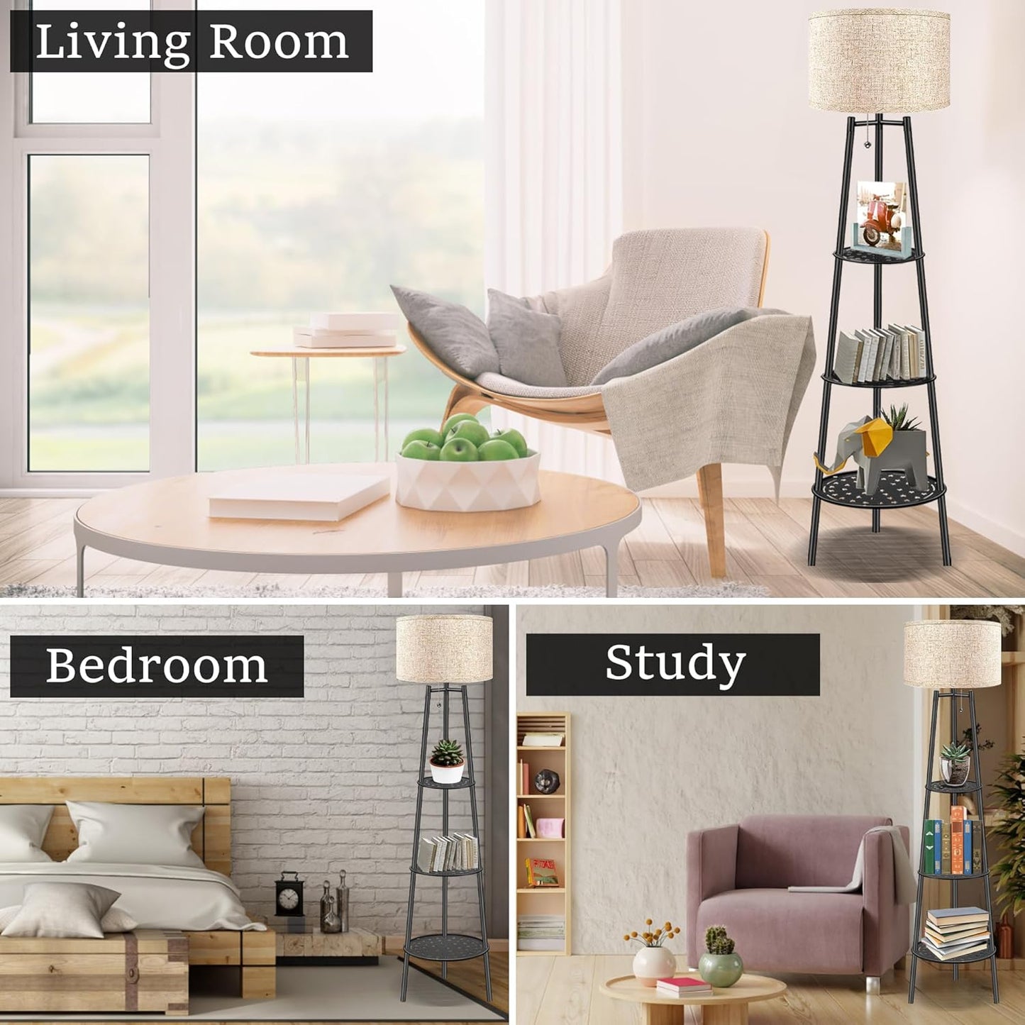 Floor Lamp with Shelves, Modern Standing Lamp with 3 Color Temperature LED Bulbs, Corner Floor Lamps for Living Room & Bedroom, Lamparas Elegantes para Sala (Beige Lampshade, 1)