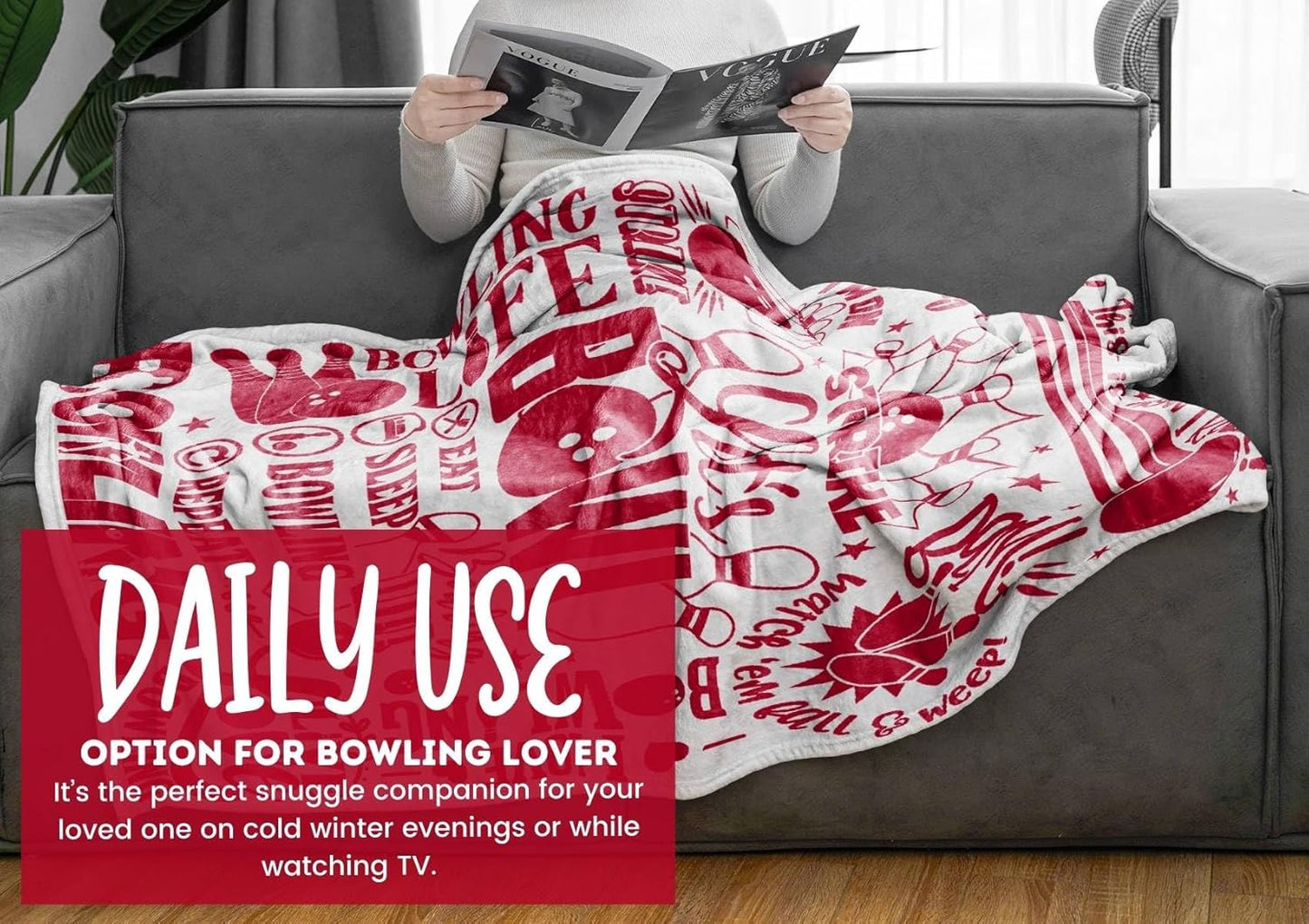 InnoBeta Bowling Throw Blanket - Let's Bowl - Flannel Blankets for Bowling Lovers - Bowling Gifts for Men, Women - 50" x 65" (White)
