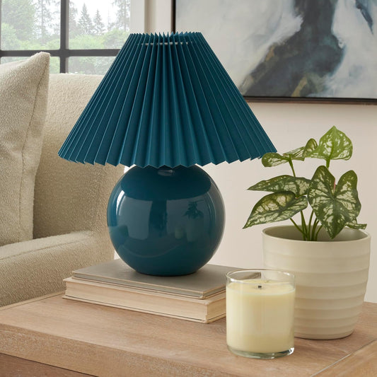 Nourison Home 13" Blue Ceramic Round Lamp with Pleated Shade for Bedroom, Living Room, Console, Entryway