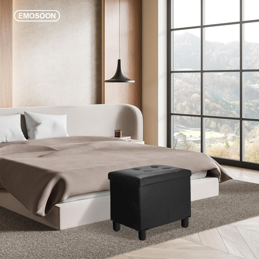 18 Inches Cube Storage Ottoman, Faux Leather Collapsible Square Folding Ottoman Furniture with Storage for Living Room Bedroom, Foot Rest Foot Stool with Legs, Black 18x18x18 Inches