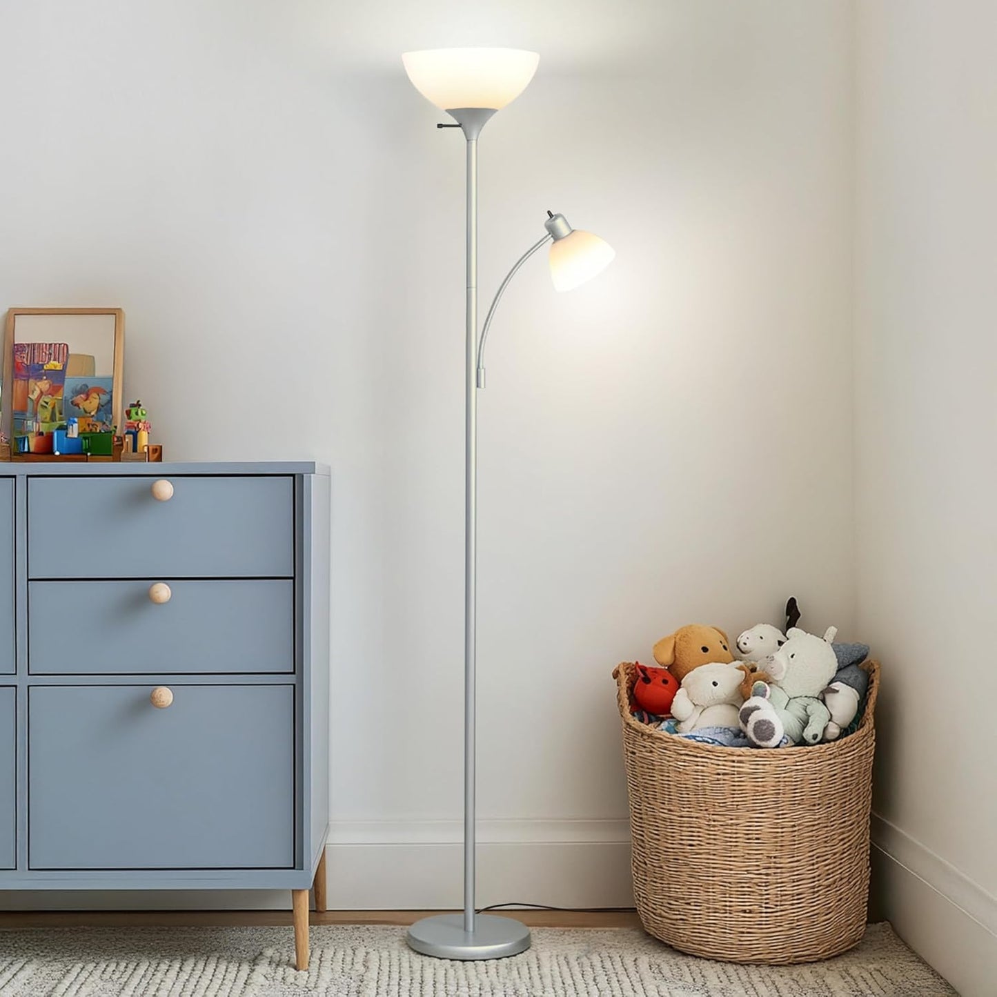 Brightech Sky Dome Plus LED Floor lamp, Torchiere Super Bright Floor Lamp with Reading Lamp for Living Rooms & Offices - Dimmable Tall Standing Lamp for Bedroom Reading - Silver
