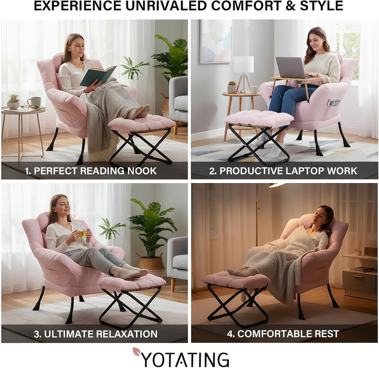 Lazy Chair with Ottoman, Modern Accent Leisure Sofa Chair with Footrest Stool & Throw Pillow, Modern Lounge Chair with Armrests for Living Room, Pink