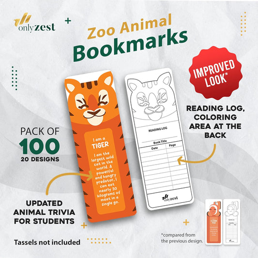100 Bulk Bookmarks for Kids 2x6 inches – Multiple Designs – 20 Different Animal Fun Facts – Book Marks for Reading, Kids Classroom Rewards, Student Incentives, Supplies for Teachers