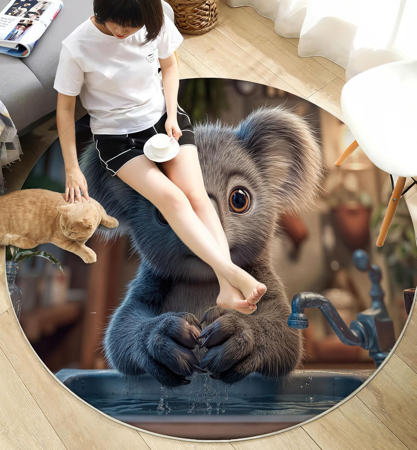 Round Rug for Kids Room, Fun Koala Pool Round Rugs 3Ft, Realistic Animal Style Circle Rug, Dark Gray Washable Circle Carpet for Living Room Bedroom, Non Slip Low Pile Thin Area Rugs