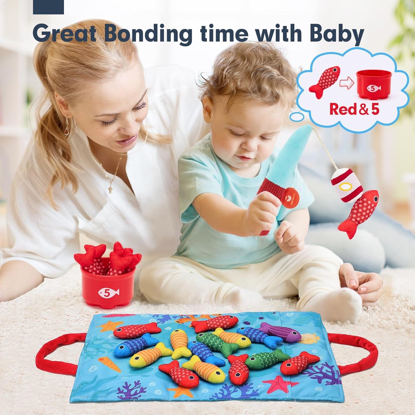 hahaland Montessori Toys for 1 Year Old Boy Girl Birthday Gift - 10 in 1 Cloth Fishing Game Easter Basket Stuffers for Toddler Toys 1-3 with Stacking Cups - Number Counting, Color Sorting Learning
