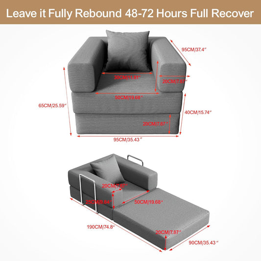 2-in-1 Floor Foldable Sofa Couch Convertible Sleeper Chaise Lounge Chair Indoor Portable Fold Out Futon Mattress with Back Support for Living Room,Bedroom (Gray, 35.43" Single Sofa)