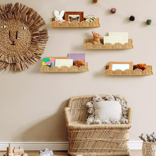 Pinkunn 4 Pcs Nursery Book Shelves 15.8 Inch Rattan Scalloped Floating Bookshelves Wicker Boho Book Shelf for Wall Mounted Decor Nursery Rooms Hanging (Classic)