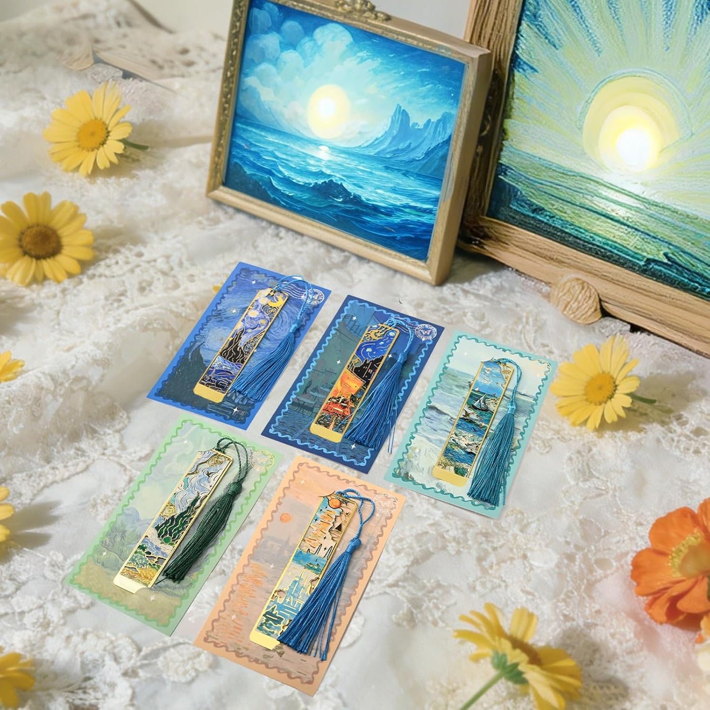5 Pcs Metal Bookmarks with Tassel, Oil Painting Scenery Theme Exquisite Bookmarks, Book Accessories Gifts for Book Lovers Writers Readers Children Teens Men Women Adults (Scenery-5pcs)