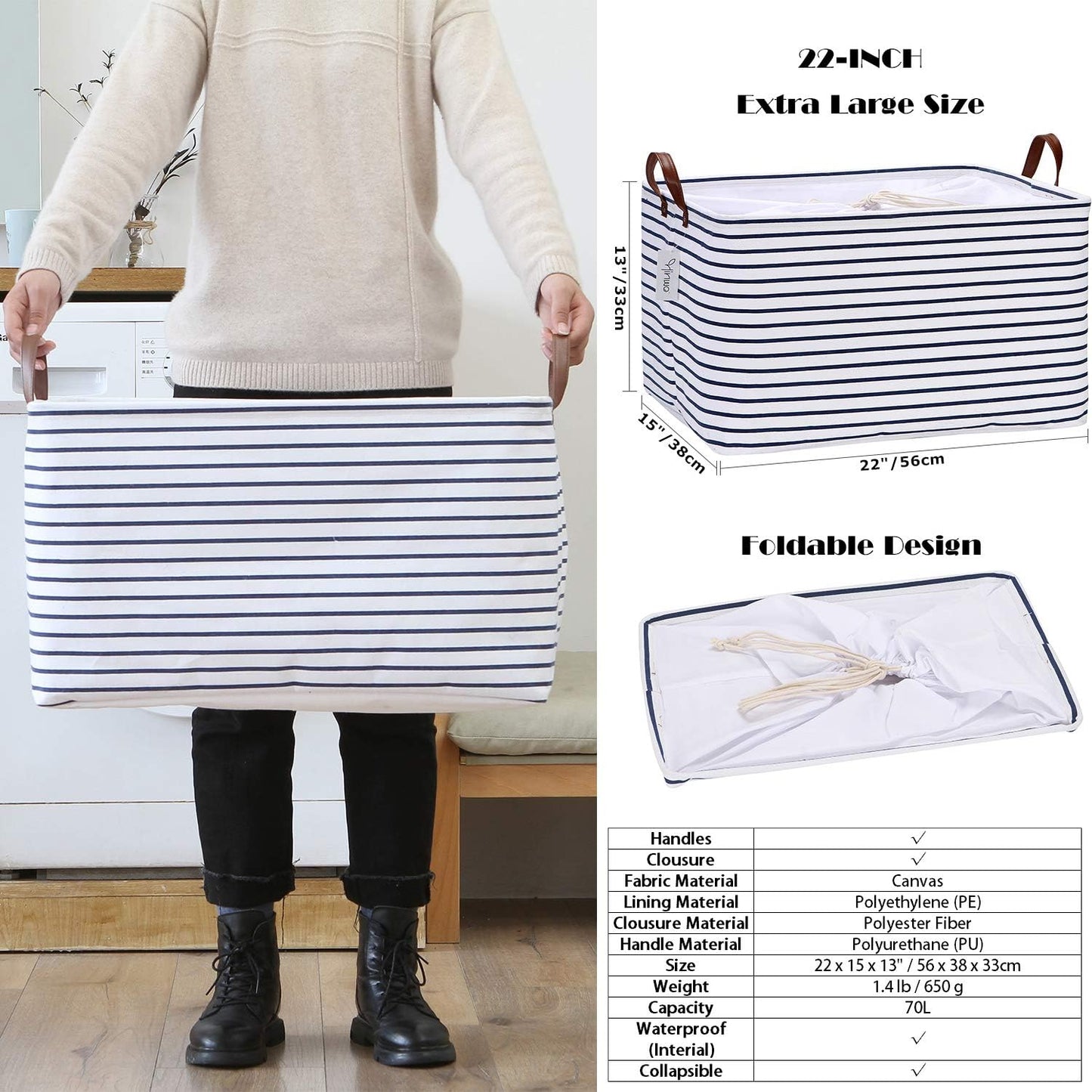 Hinwo 2-Pack Extra Large Canvas Fabric Storage Baskets with Handles, 70L Oversized Storage Bins, Collapsible Storage Box, Clothes, Toys, Blankets Organizers, 22 x 15 x 13 inches, (Grey Stripe)