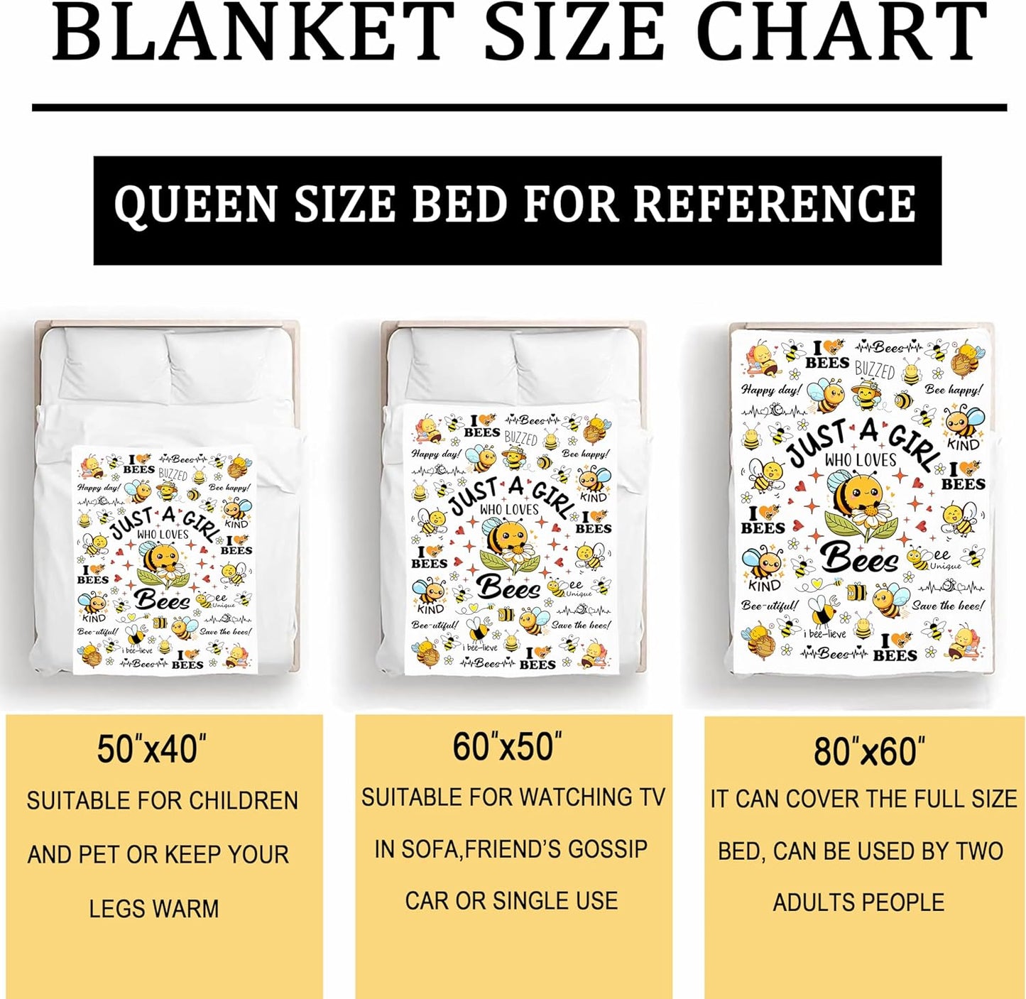 Cute Bee Blanket Bee Gifts for Women,Bees Lovers Throw Blanket,Funny Birthday Bees Themed Gifts for Girls Kids Adults Women 50"x 40"