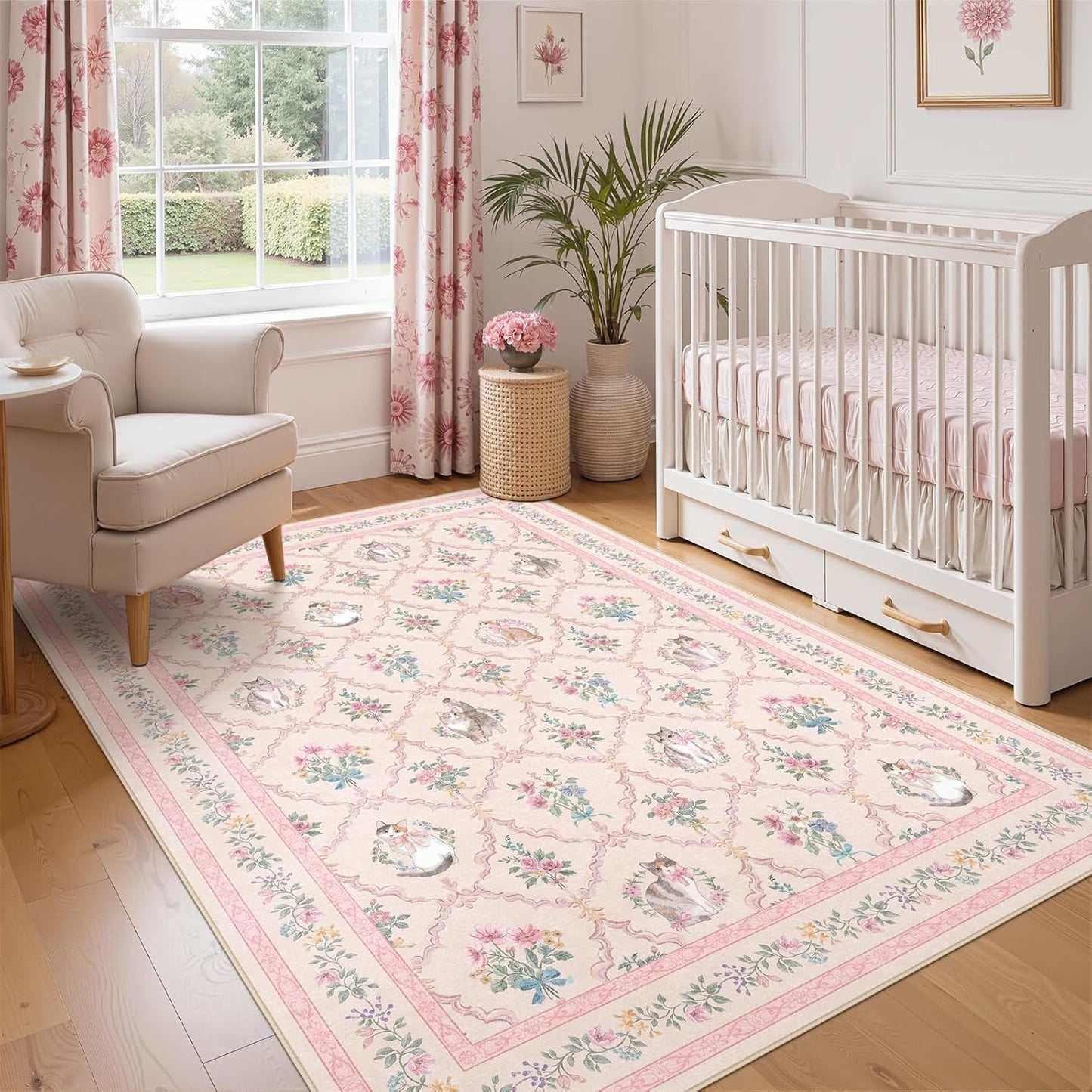 3x5 Pink Floral Cat Rug for Girls Bedroom, Washable Non Slip Small Area Rug for Nursery, Reading Nook, Kids Room, Soft Low Pile Vintage Carpet