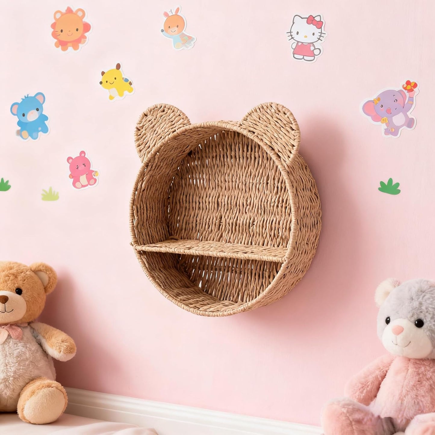 Bear Nursery Decor Wall Shelf, Handwoven Wicker Nursery Shelves for Wall, Wall Mounted Nursery Bookshelf for Small Books, Toys & Decor