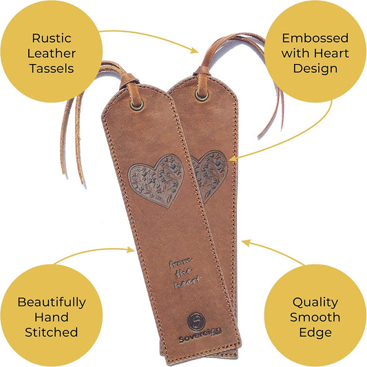 Leather Bookmark Handmade with Heart Design - 2 Genuine Leather Book Marks - Unique Bookmarks for Men Women and Kids | Great Book Lover Gifts for Bookworms Writers Relatives and Friends