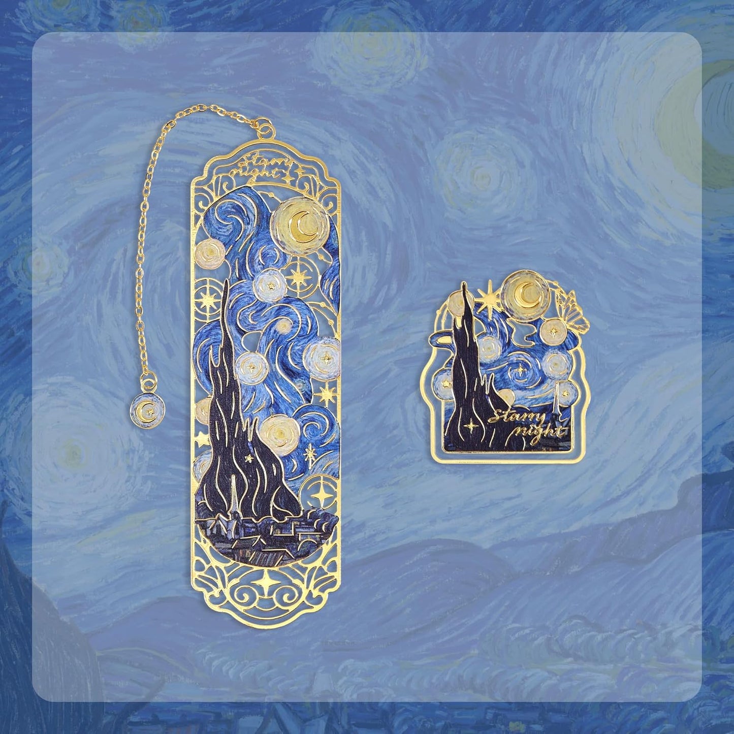 Luxury Metal Bookmark & Book Clip Gift Set, Oil Painting Themed Starry Night, 1 Bookmark with Pendant + 1 Book Clip, Elegant Christmas New Year Gift Box for Women Book Lovers Writers Readers Teens