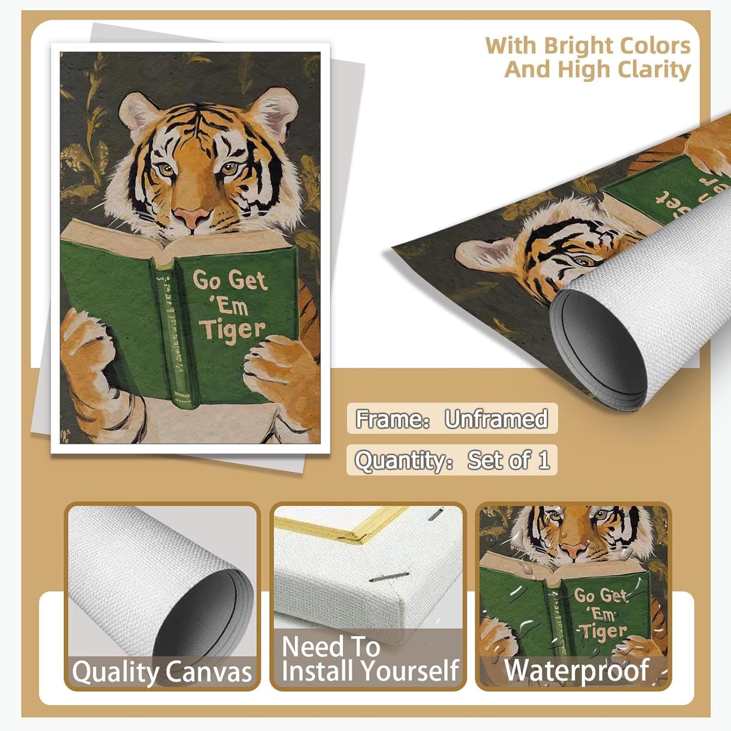 Funny Tiger Reading Green Book Canvas Poster Go Get Em Animal Print Painting Vintage Motivational Wall Art Humorous Bookworm Aesthetic Pictures Decor for Study Library Office 12x16inch Unframed