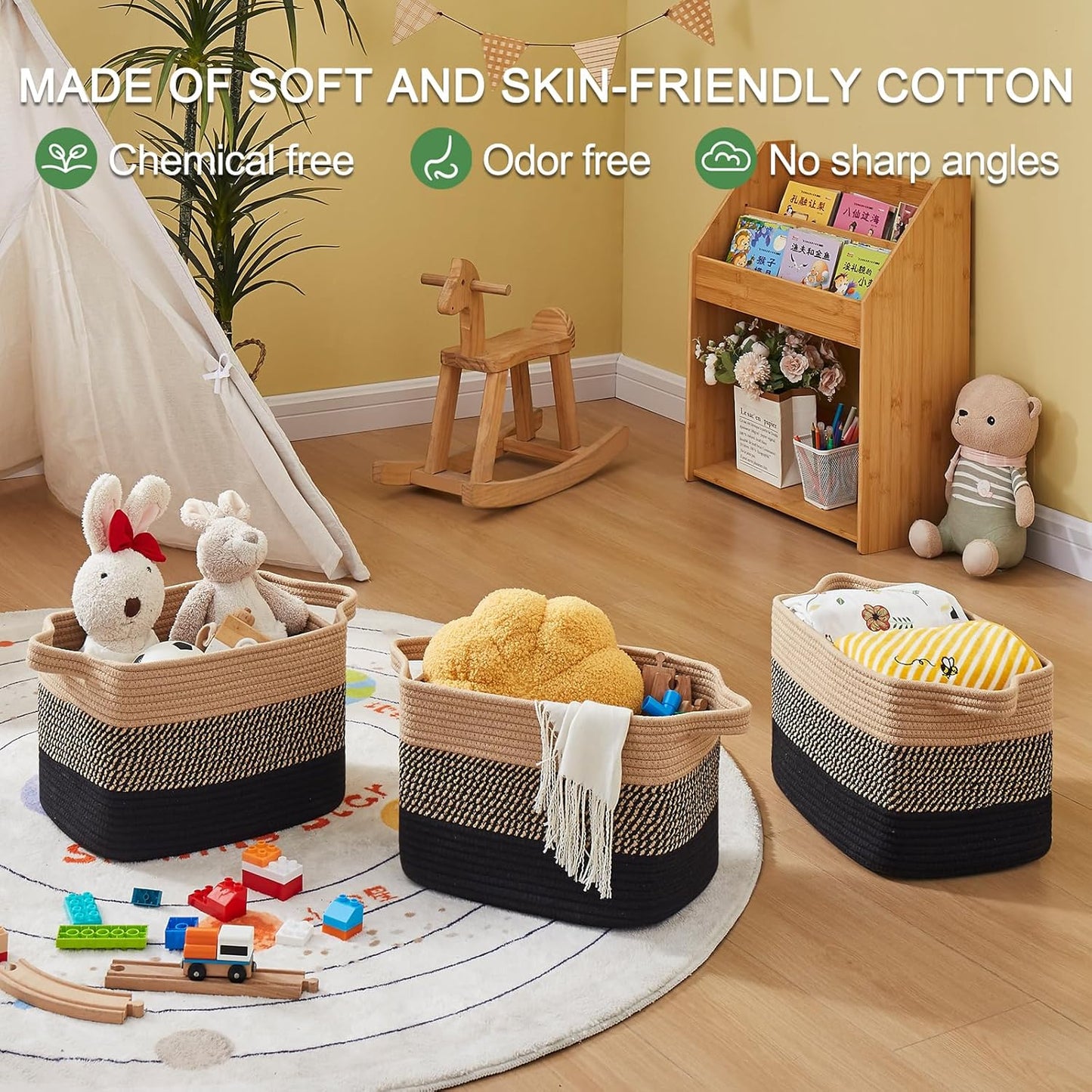 OIAHOMY Woven Storage Basket, Cotton Rope Baskets for Toys,Towel, Clothes, Used to Bathroom,Living Room,Nursery,Bedroom, 16"x12"x10"- Pack of 3, Black & Brown