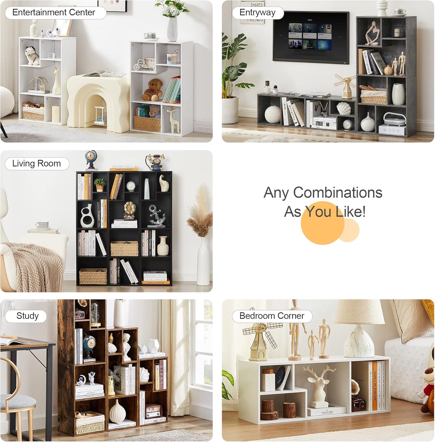 VECELO Narrow Bookshelf Set, Fits 9.3" × 10-12.8" Hardcovers, Cube Storage Bookcases, Free-Standing for Living Room, Bedroom, Home Office, 2/3-Tier, 2-Pack, White