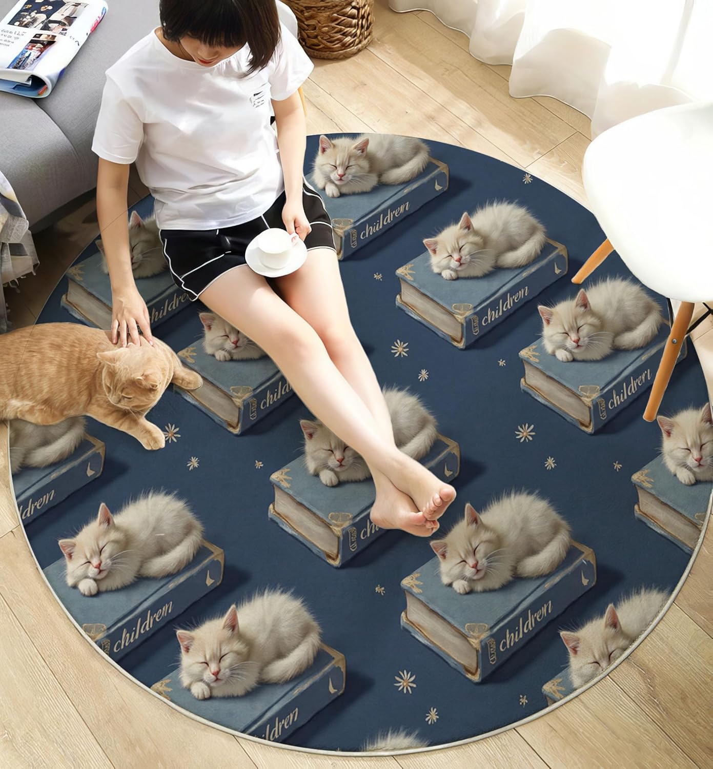 Washable Cute Cat Books Area Rug, 6Ft Round Rugs for Living Room Soft Carpet for Bedroom Animals Starry Sky Indoor Stain Resistant Non-Shedding Floor Carpet, Navy Blue, 6Ft-Round